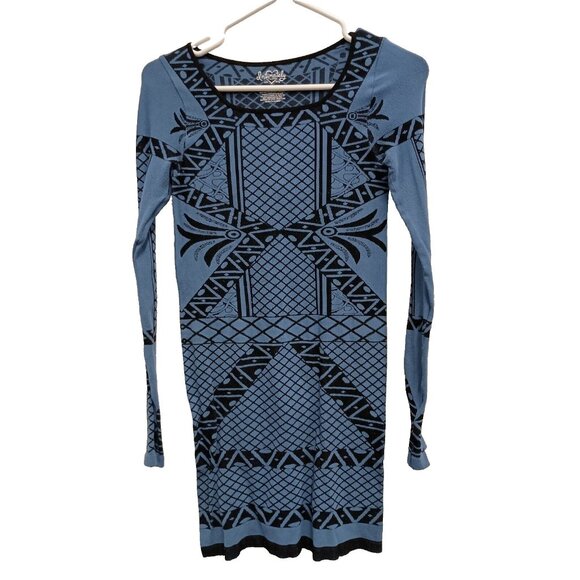 Free People Intimately Womens Bodycon Mini Dress M/L Blue Printed Long Sleeves - Picture 1 of 6